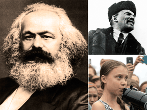 Left: A portrait of Karl Marx. Top right: Vladimir Lenin makes a speech in Red Square on the first anniversary of the Bolshevik Revolution. Below right: Teenage Swedish climate activist Greta Thunberg delivers brief remarkssurrounded by other student environmental advocates in 2019. Mark Carney draws on all three in his agenda to address the “climate emergency,” writes Peter Foster.