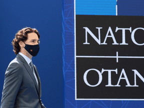 Prime Minister Justin Trudeau arrives for a NATO summit at the NATO headquarters in Brussels, on June 14, 2021.