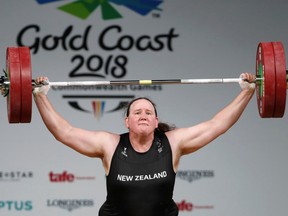 Trans weightligter Laurel Hubbard of New Zealand competes at the Gold Coast 2018 Commonwealth Games.