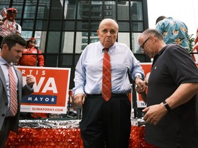 Former New York City Mayor Rudy Giuliani makes an appearance in support of fellow Republican Curtis Sliwa who is running for NYC mayor on June 21, 2021 in New York City.