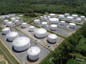 Holding tanks are seen in an aerial photograph at Colonial Pipeline's Dorsey Junction Station in Woodbine, Maryland, on May 10.