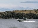 A boat drives across Lake Joseph, photographed September 26, 2019, near where a collision involving Linda and Kevin O'Leary occurred.