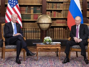 U.S. President Joe Biden, left, and Vladimir Putin, Russia's president, at the start of the U.S. Russia summit at Villa La Grange in Geneva, Switzerland, on Wednesday, June 16, 2021.