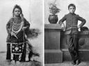 Vorher-Nachher-Fotos von Thomas Moore, einem Schüler von 1891 an der Regina Indian Residential School.  Diese Fotos wurden in einen Bericht des Department of Indian Affairs von 1896 aufgenommen, in dem die Vorteile von Indian Residential Schools angepriesen wurden. 