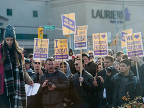 People rally in support of free speech and academic freedom at Wilfrid Laurier University in Waterloo, Ont., in 2017.
