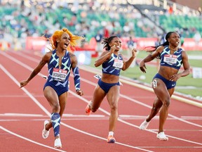 EUGENE, OREGON - JUNE 19: Sha'Carri Richardson celebrates winning the Women's 100 Meter final on day 2 of the 2020 U.S. Olympic Track & Field Team Trials at Hayward Field on June 19, 2021 in Eugene, Oregon.