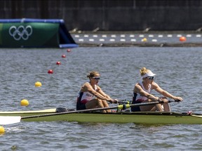 TOKYO, JAPAN - JULY 18:  Helen Glover and Polly Swann of Great Britain Rowing team Women's pair (W2-) in action during a training session at Sea Forest Waterway on July 18, 2021 in Tokyo, Japan.