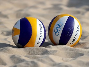 TOKYO, JAPAN - JULY 20: A detail photo of a beach volleyball at Shiokaze Park during training ahead of the Tokyo 2020 Olympic Games on July 20, 2021 in Tokyo, Japan.