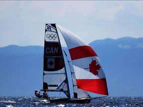 FUJISAWA, JAPAN - JULY 24: Alexandra Ten Hove and Mariah Millen of Team Canada practice in the Women's Skiff - 49er class during sailing previews on day one of the Tokyo 2020 Olympic Games at Enoshima Yacht Harbour on July 24, 2021 in Fujisawa, Kanagawa, Japan.