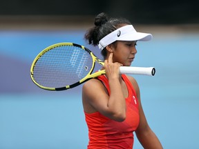 Leylah Annie Fernandez of Team Canada prepares for a point during her Women's Singles Second Round match against Barbora Krejcikova of Team Czech Republic on day three of the Tokyo 2020 Olympic Games at Ariake Tennis Park on July 26, 2021 in Tokyo, Japan.