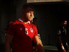 Conor Trainor of Team Canada makes his way to the field before the Rugby Sevens Men's Quarter-final match between New Zealand and Canada on day four of the Tokyo 2020 Olympic Games at Tokyo Stadium on July 27, 2021 in Chofu, Tokyo, Japan.