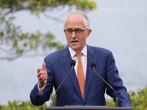 In this photo on May 2, 2018, the now former Prime Minister of Australia, Malcolm Turnbull, takes part in a joint press conference with France's President Emmanuel Macron (not pictured) at Kirribilli House in Sydney.