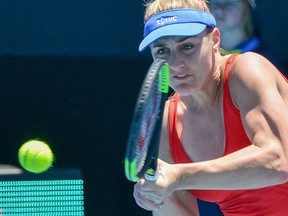 Gabriela Dabrowski of Canada hits a return on day one of the ATP Cup Adelaide International tennis tournament in Adelaide on January 12, 2020.