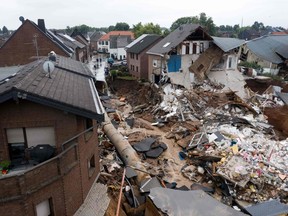 An aerial view shows an area completely destroyed by the floods in the Blessem district of Erftstadt, western Germany, on July 16, 2021.