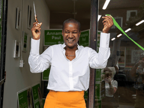Green Party of Canada leader Annamie Paul unveils her new Toronto Centre campaign office in Toronto, July 22, 2021.
