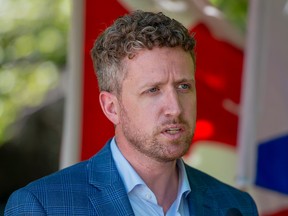 Nova Scotia Premier Iain Rankin fields a question at Mount Saint Vincent University's Child Study Centre in Halifax on July 13.