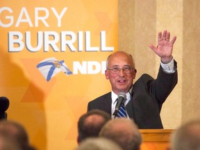 Nova Scotia NDP leader Gary Burrill, waves to supporters after winning his seat following the Nova Scotia provincial election in Halifax, N.S. in May 2017