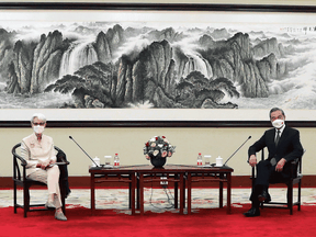 U.S. Deputy Secretary of State Wendy Sherman meets Chinese State Councilor and Foreign Minister Wang Yi in Tianjin, China in this handout photo released July 26, 2021.