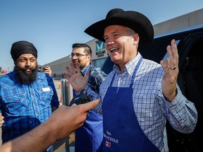 Conservative Leader Erin O'Toole attends a Stampede pancake breakfast in Calgary on July 10, 2021.