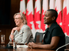 New Green Party Leader Annamie Paul, right, holds a press conference alongside former leader Elizabeth May on Oct. 5, 2020.