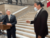 Alan Lagimodiere, left, Manitoba's new Indigenous relations minister, is confronted by Opposition NDP Leader Wab Kinew shortly after being sworn in to cabinet at the Manitoba legislature in Winnipeg on July 15, 2021.