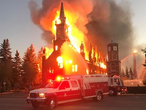 A Catholic church in Morinville, Alta., burns to the ground on June 30, in what police have deemed a suspicious fire.