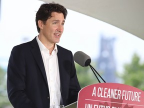 Prime Minister Justin Trudeau makes an announcement after touring the Algoma Steel plant in Sault Ste. Marie, Ontario on Monday, July 5.
