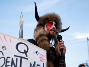 Chansley protests following the 2020 U.S. presidential election, in Phoenix.