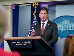 Secretary of Labor Marty Walsh speaks during a news conference at the White House in Washington, U.S. on April 2.