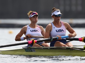 Megan Kalmoe of the United States and Tracy Eisser of the United States in action.