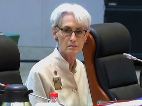 U.S. Deputy Secretary of State Wendy Sherman attends talks with Chinese officials in Tianjin, China, on July 26, 2021. The talks ended in combative statements from both sides of the table.