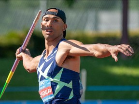 Canada's Damian Warner competes during the men's javelin throw competition of the 46th Hypo Athletics Meeting,in Gotzis, Austria, on May 30, 2021. (Photo by DIETMAR STIPLOVSEK / APA