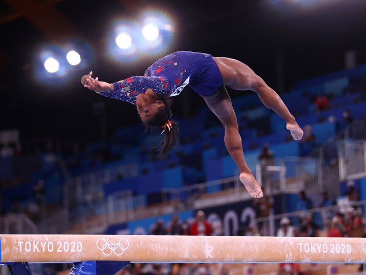  Simone Biles of the United States in action on the beam at the Tokyo Olympics.