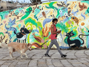 A woman walks her dog in the Israeli coastal city of Tel Aviv.