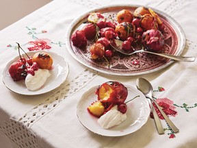 Grilled stone fruits with rosemary and rose syrup from Chasing Smoke