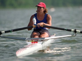 In a photo from 1998, Marnie McBean grabs a water break after a hard 1,000 metre sprint at Fanshawe Lake.