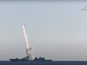 Tsirkon (Zircon) hypersonic cruise missile is fired from guided missile frigate Admiral Gorshkov in the White Sea in this still image taken from video released July 19, 2019.