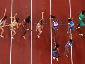 TOKYO, JAPAN - JULY 30: An overhead view of competition during the 4x400 Relay Mixed Round 1 on day seven of the Tokyo 2020 Olympic Games at Olympic Stadium on July 30, 2021 in Tokyo, Japan.