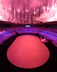 Fireworks explode at the Tokyo Olympics opening ceremony.