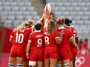 Canada players before the women’s placing 9-10 match between Team Canada and Team Kenya.