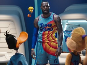 LeBron James surrounded by his new cartoon friends in Space Jam: A New Legacy.