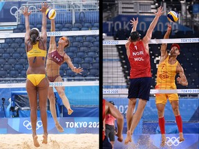Olympic beach volleyball athletes compete wearing their mandatory uniforms.