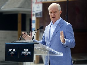 Federal Conservative Leader Erin O'Toole speaks at a news conference Monday, August 9, 2021 in Belleville, Ont.