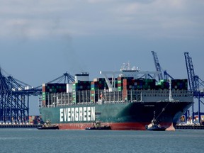 The container ship Ever Given arrives at Felixstowe port on August 3, 2021 in Felixstowe, England.