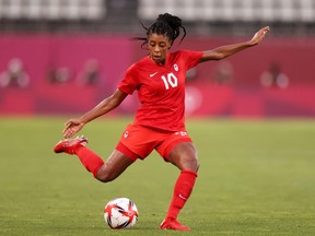 Ashley Lawrence of Team Canada makes a pass during the Women's Semi-Final match between USA and Canada at the Tokyo Olympic Games at Kashima Stadium on August 02, 2021 in Kashima, Ibaraki, Japan.