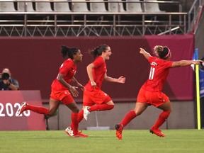 Jessie Fleming #17 of Team Canada celebrates after scoring their side's first goal during the Women's Semi-Final match between USA and Canada on day ten of the Tokyo Olympic Games at Kashima Stadium on August 02, 2021 in Kashima, Ibaraki, Japan. (Photo by Atsushi Tomura/Getty Images)