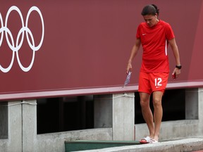 Christine Sinclair of Team Canada walks into the team tunnel after inspecting the pitch ahead of the Women's Football Semifinal match between USA and Canada at Kashima Stadium on August 02, 2021 in Kashima, Ibaraki, Japan. (Photo by Naomi Baker/Getty Images)