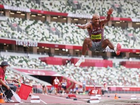 Damian Warner of Team Canada competes in the Men's Decathlon Long Jump on day twelve of the Tokyo 2020 Olympic Games at Olympic Stadium on August 04, 2021 in Tokyo, Japan.