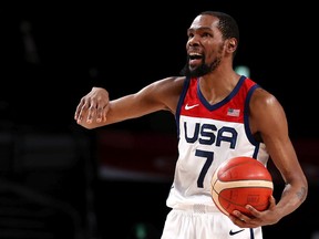Kevin Durant of Team United States reacts against Team Australia during the first half of a men's basketball quarterfinals game on August 05, 2021 in Saitama, Japan.