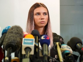 Belarusian sprinter Krystsina Tsimanouskaya, who left the Olympic Games in Tokyo and seeks asylum in Poland, attends a news conference in Warsaw, Poland August 5, 2021. REUTERS/Darek Golik
